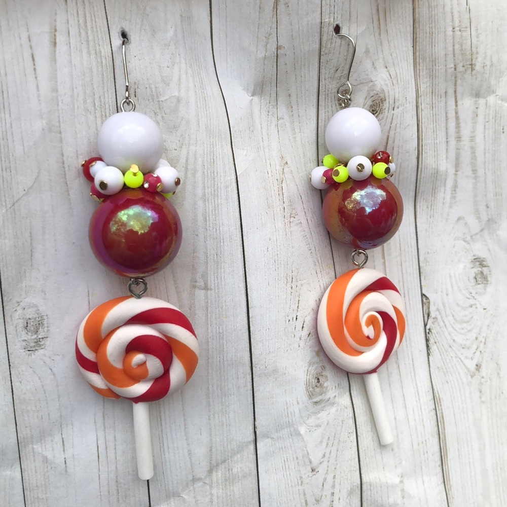 Lollipop orange red swirl bubblegum earrings bead